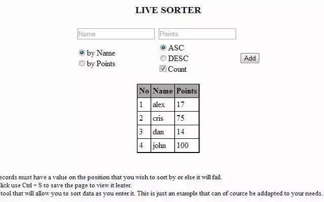 Live Sorter  from Chrome web store to be run with OffiDocs Chromium online