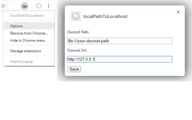 localPathToLocalhost  from Chrome web store to be run with OffiDocs Chromium online