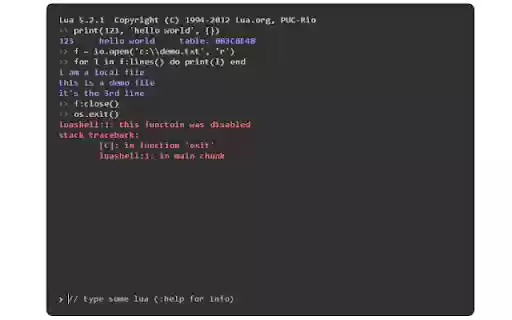 Lua Shell  from Chrome web store to be run with OffiDocs Chromium online
