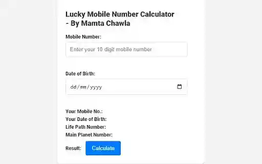 Lucky Mobile Number Calculator by Mamta Chawla  from Chrome web store to be run with OffiDocs Chromium online