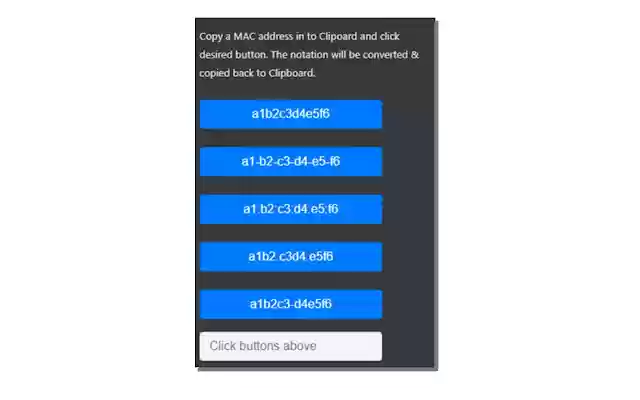 MAC Addesss Notation Changer from Chrome web store to be run with OffiDocs Chromium online MAC Addesss Notation Changer from Chrome web store to be run with OffiDocs Chromium online