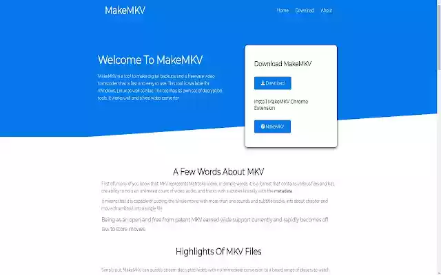 Make MKV Official Site for MakeMKV Software  from Chrome web store to be run with OffiDocs Chromium online