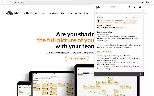 Mammoth Project Notification Extension  from Chrome web store to be run with OffiDocs Chromium online