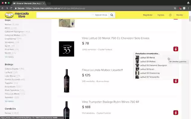 MercadoLibre Wine Explorer ຜ່ານ Vivino ຈາກ Chrome web store ເພື່ອດໍາເນີນການກັບ OffiDocs Chromium ອອນໄລນ໌