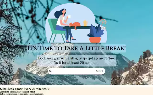 Mini Break Timer: Every 20 Minutes from Chrome web store to be run with OffiDocs Chromium online Mini Break Timer: Every 20 Minutes from Chrome web store to be run with OffiDocs Chromium online