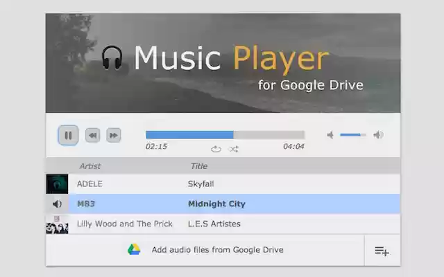 OffiDocs Chromium çevrimiçi ile çalıştırılacak Chrome web mağazasından Google Drive için Müzik Çalar