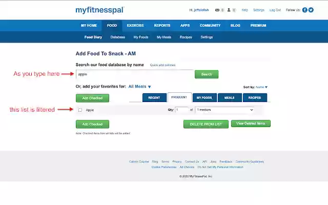 myfitnesspal EASIER search  from Chrome web store to be run with OffiDocs Chromium online