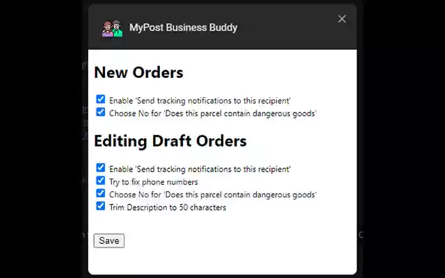 MyPost Business Buddy מחנות האינטרנט של Chrome להפעלה עם OffiDocs Chromium באינטרנט