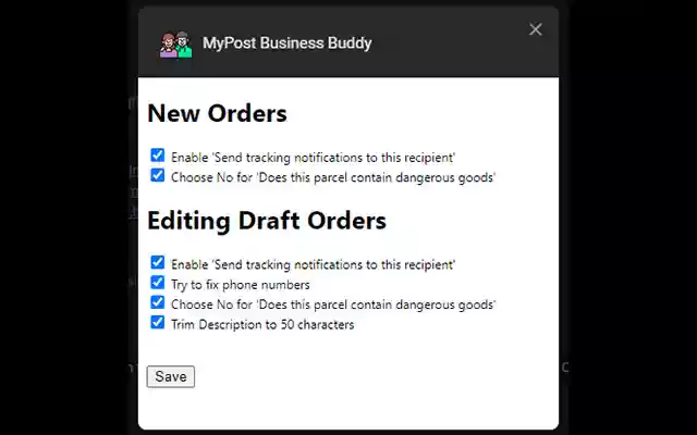 ক্রোম ওয়েব স্টোর থেকে MyPost Business Buddy অনলাইনে OffiDocs Chromium এর সাথে চালানো হবে