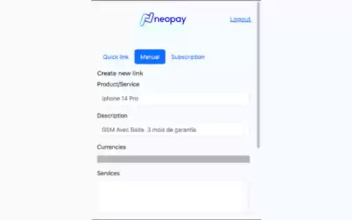 Neopay Quick Links from Chrome web store to be run with OffiDocs Chromium online Neopay Quick Links from Chrome web store to be run with OffiDocs Chromium online