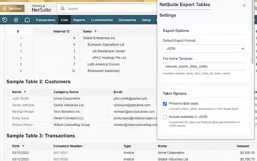 NetSuite Export Tables and Lists  from Chrome web store to be run with OffiDocs Chromium online
