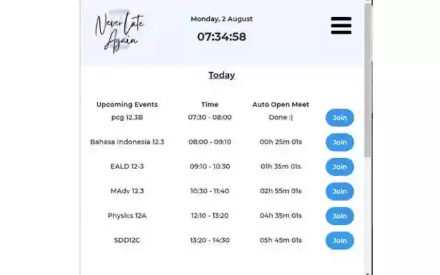 NeverLateAgain Auto Join Google Meet  from Chrome web store to be run with OffiDocs Chromium online