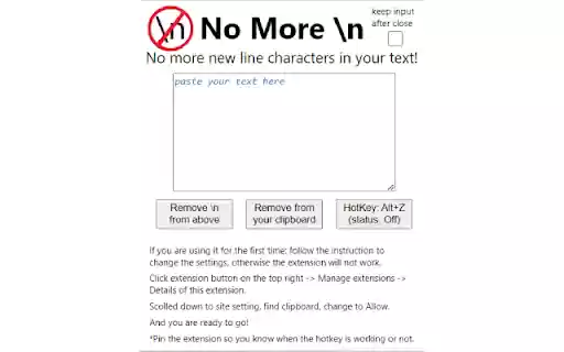 No More Next Line Character  from Chrome web store to be run with OffiDocs Chromium online