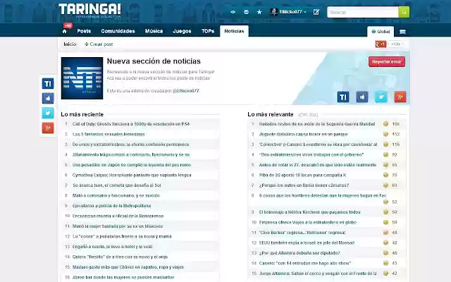 Noticias Taringa! from Chrome web store to be run with OffiDocs Chromium online Noticias Taringa! from Chrome web store to be run with OffiDocs Chromium online