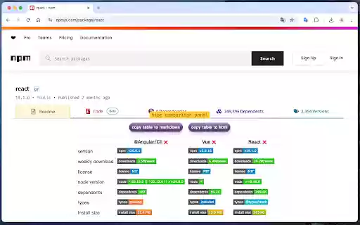 npm comparison  from Chrome web store to be run with OffiDocs Chromium online