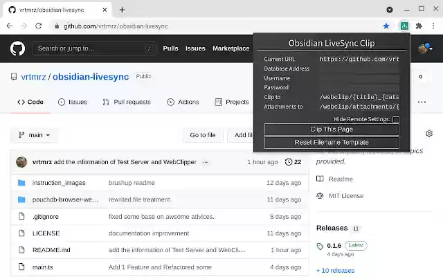 obsidian livesync webclip  from Chrome web store to be run with OffiDocs Chromium online