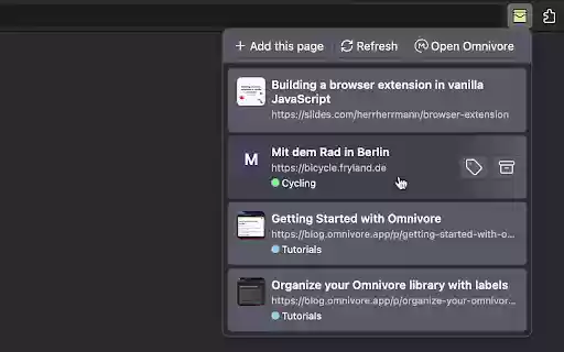 Omnivore List Popup  from Chrome web store to be run with OffiDocs Chromium online