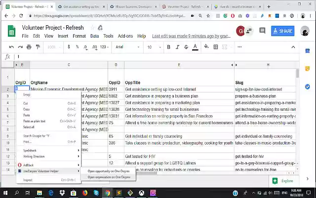 oneDegree Volunteer Helper  from Chrome web store to be run with OffiDocs Chromium online