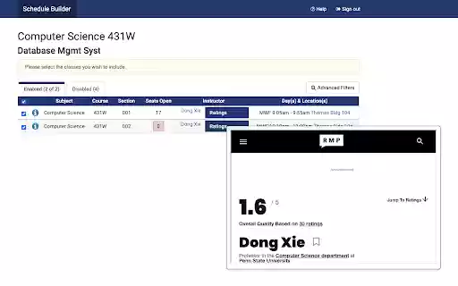 Penn State Course Scheduler Rate My Professor Integration  from Chrome web store to be run with OffiDocs Chromium online