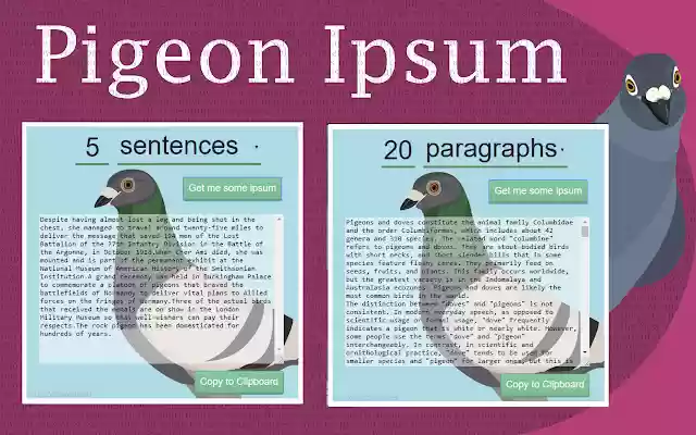 Pigeon Ipsum from Chrome web store to be run with OffiDocs Chromium online Pigeon Ipsum from Chrome web store to be run with OffiDocs Chromium online