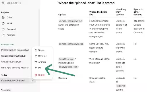 Pin Chats in ChatGPT  from Chrome web store to be run with OffiDocs Chromium online
