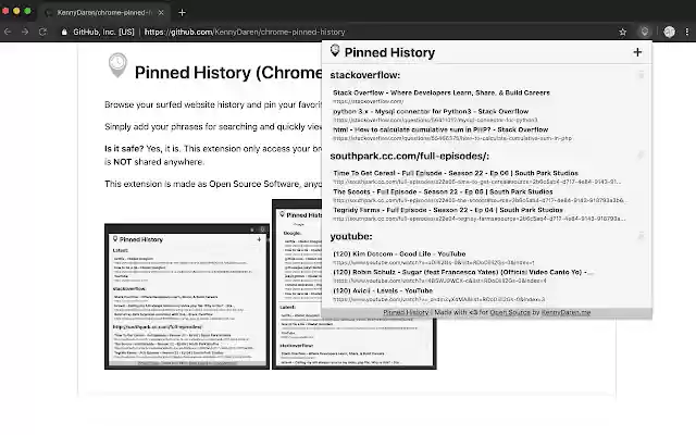 Pinned History  from Chrome web store to be run with OffiDocs Chromium online