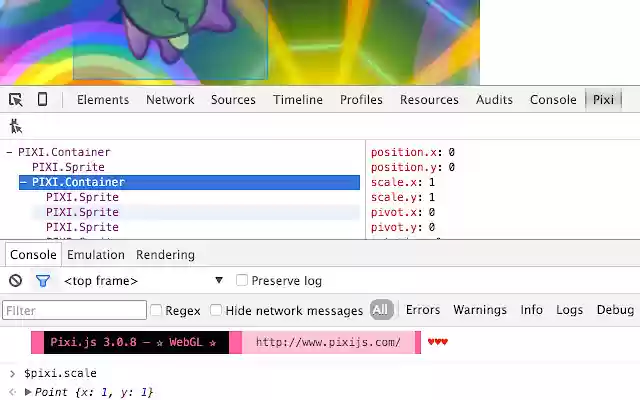 Pixi.js devtools dari toko web Chrome untuk dijalankan dengan OffiDocs Chromium online