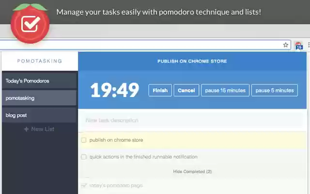 Pomotasking: Tasks lists with Pomodoro Timer  from Chrome web store to be run with OffiDocs Chromium online