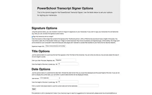 PowerSchool Transcript Signer من متجر Chrome الإلكتروني ليتم تشغيله باستخدام OffiDocs Chromium عبر الإنترنت