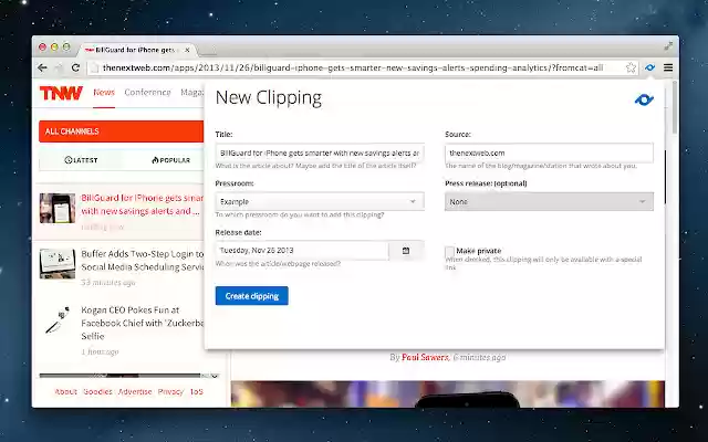 Pr.co clippings extension  from Chrome web store to be run with OffiDocs Chromium online