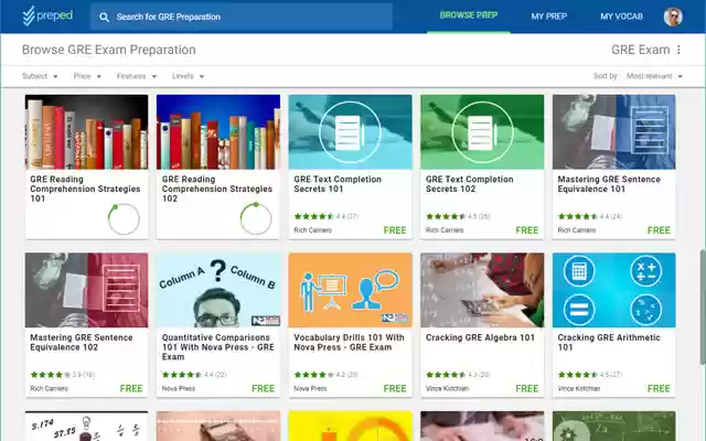 PrepEd GRE Exam Preparation  from Chrome web store to be run with OffiDocs Chromium online