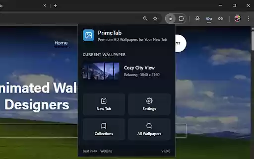 PrimeTab HD Wallpaper New Tab  from Chrome web store to be run with OffiDocs Chromium online