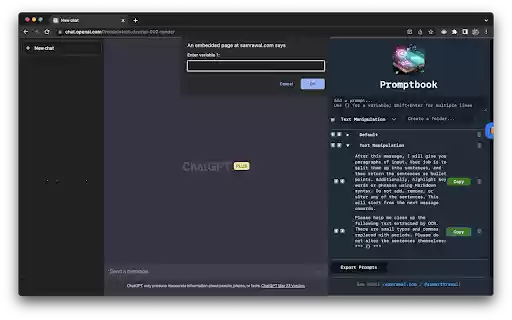 Promptbook: Inline Prompt Manager for ChatGPT  from Chrome web store to be run with OffiDocs Chromium online