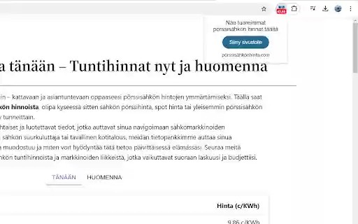 Pörssisähkön Hinta from Chrome web store to be run with OffiDocs Chromium online Pörssisähkön Hinta from Chrome web store to be run with OffiDocs Chromium online