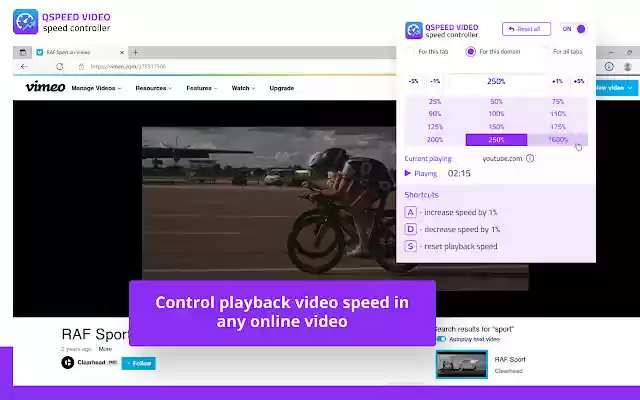 El controlador de velocidad de video Qspeed de Chrome web store se ejecutará con OffiDocs Chromium en línea