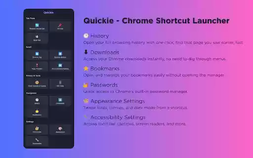 Quickie Chrome Shortcut Launcher aus dem Chrome Web Store zur Ausführung mit OffiDocs Chromium online Quickie Chrome Shortcut Launcher aus dem Chrome Web Store zur Ausführung mit OffiDocs Chromium online