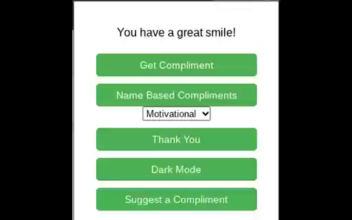 Random Compliment Extension from Chrome web store to be run with OffiDocs Chromium online Random Compliment Extension from Chrome web store to be run with OffiDocs Chromium online