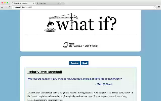 Random "xkcd: what if?" from Chrome web store to be run with OffiDocs Chromium online Random "xkcd: what if?" from Chrome web store to be run with OffiDocs Chromium online