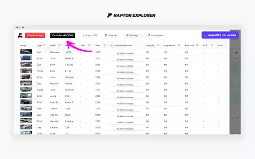 Raptor Explorer Car Rental Analytics for Turo  from Chrome web store to be run with OffiDocs Chromium online