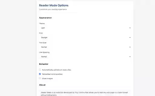 Reader Mode by Íñigo Medina  from Chrome web store to be run with OffiDocs Chromium online