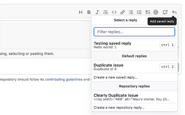 Refined Saved Replies from Chrome web store to be run with OffiDocs Chromium online Refined Saved Replies from Chrome web store to be run with OffiDocs Chromium online