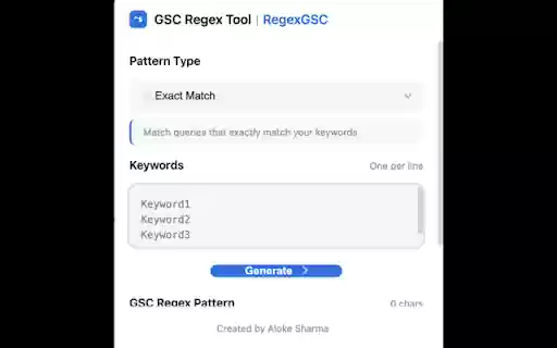 RegexGSC: Exact Match Regex Generator for GSC  from Chrome web store to be run with OffiDocs Chromium online