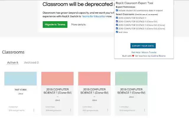 Repl.it Classroom Export Tool  from Chrome web store to be run with OffiDocs Chromium online