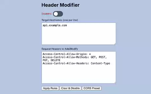Request Headers (including CORS) Modifier  from Chrome web store to be run with OffiDocs Chromium online
