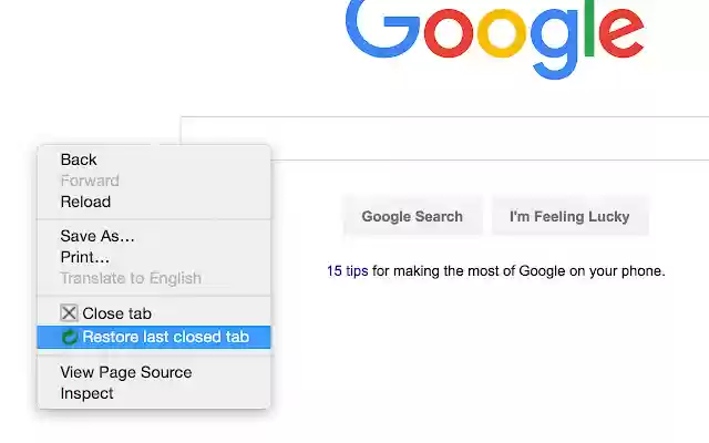 Restore Last Closed Tab in Context Menu  from Chrome web store to be run with OffiDocs Chromium online