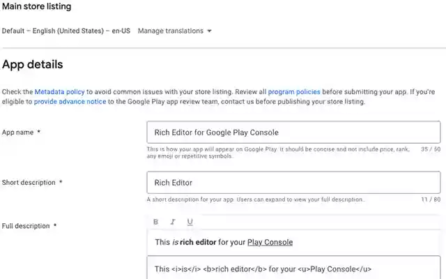 Rich Editor for Google Play Console from Chrome web store to be run with OffiDocs Chromium online Rich Editor for Google Play Console from Chrome web store to be run with OffiDocs Chromium online