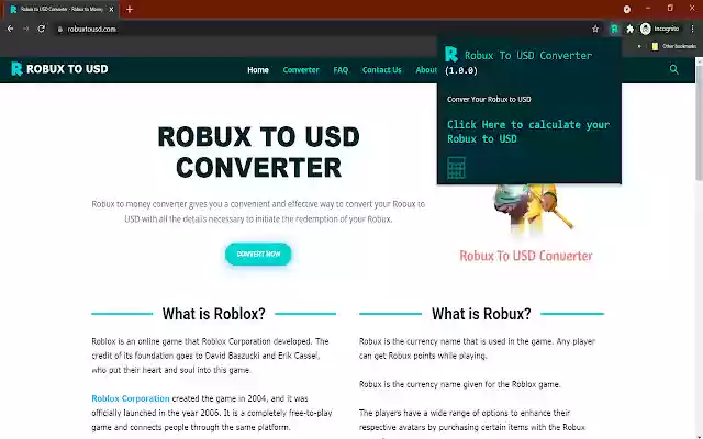Robux To USD Converter  from Chrome web store to be run with OffiDocs Chromium online