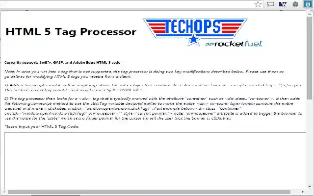 Rocket Fuel Tech Ops HTML 5 Processor  from Chrome web store to be run with OffiDocs Chromium online