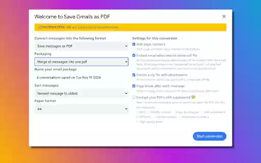Save Gmails as PDF  from Chrome web store to be run with OffiDocs Chromium online