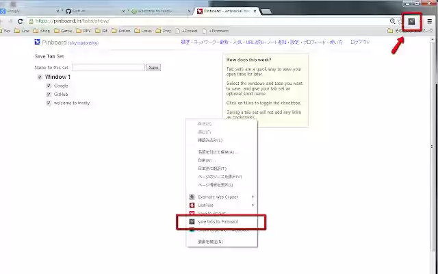 Save Tabs set to Pinboard  from Chrome web store to be run with OffiDocs Chromium online